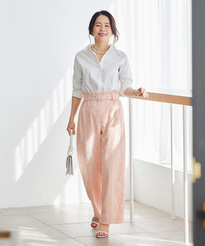 総レース ワイドパンツ オケージョン 結婚式 上品 フェミニン きれいめ 体型カバー 楽ちん 入学式 通勤 セットアップ ホワイト ピンク ネイビー ＆BLOOM（アンドブルーム）