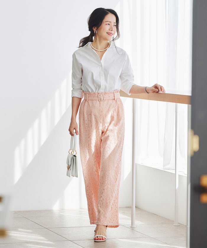 総レース ワイドパンツ オケージョン 結婚式 上品 フェミニン きれいめ 体型カバー 楽ちん 入学式 通勤 セットアップ ホワイト ピンク ネイビー ＆BLOOM（アンドブルーム）