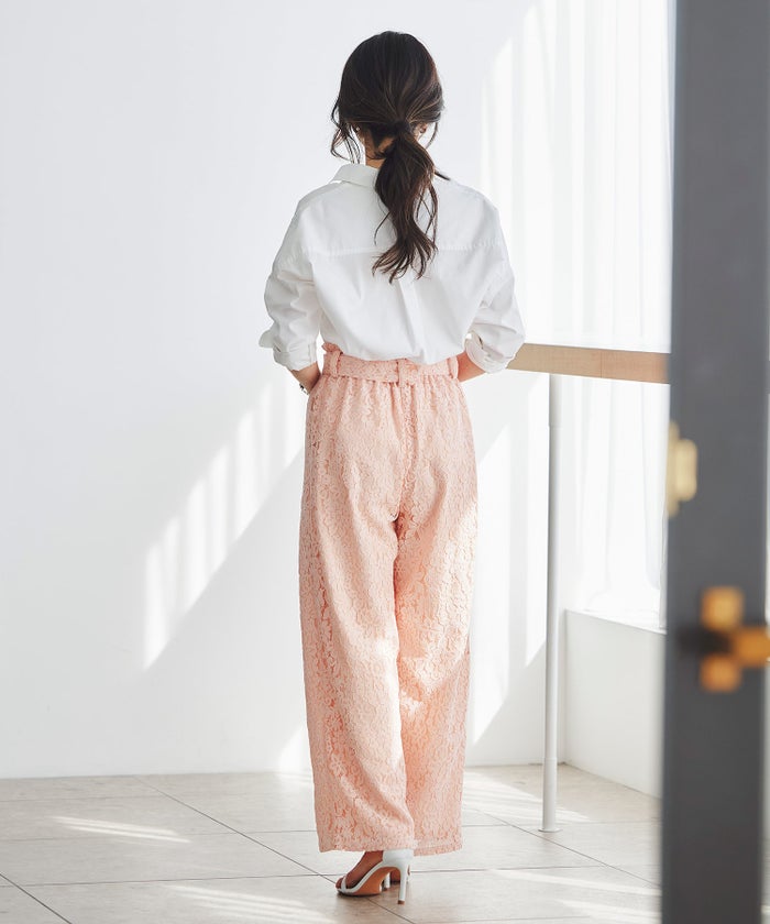 総レース ワイドパンツ オケージョン 結婚式 上品 フェミニン きれいめ 体型カバー 楽ちん 入学式 通勤 セットアップ ホワイト ピンク ネイビー ＆BLOOM（アンドブルーム）