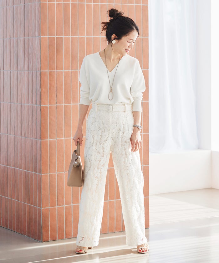 総レース ワイドパンツ オケージョン 結婚式 上品 フェミニン きれいめ 体型カバー 楽ちん 入学式 通勤 セットアップ ホワイト ピンク ネイビー ＆BLOOM（アンドブルーム）