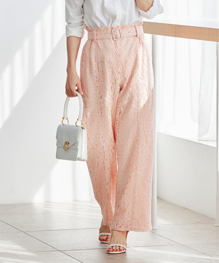 総レース ワイドパンツ オケージョン 結婚式 上品 フェミニン きれいめ 体型カバー 楽ちん 入学式 通勤 セットアップ ホワイト ピンク ネイビー ＆BLOOM（アンドブルーム）