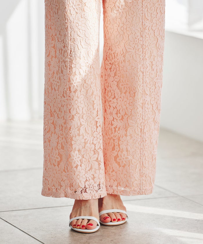 総レース ワイドパンツ オケージョン 結婚式 上品 フェミニン きれいめ 体型カバー 楽ちん 入学式 通勤 セットアップ ホワイト ピンク ネイビー ＆BLOOM（アンドブルーム）
