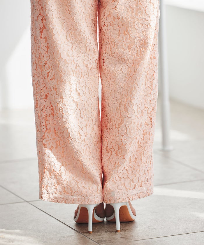 総レース ワイドパンツ オケージョン 結婚式 上品 フェミニン きれいめ 体型カバー 楽ちん 入学式 通勤 セットアップ ホワイト ピンク ネイビー ＆BLOOM（アンドブルーム）