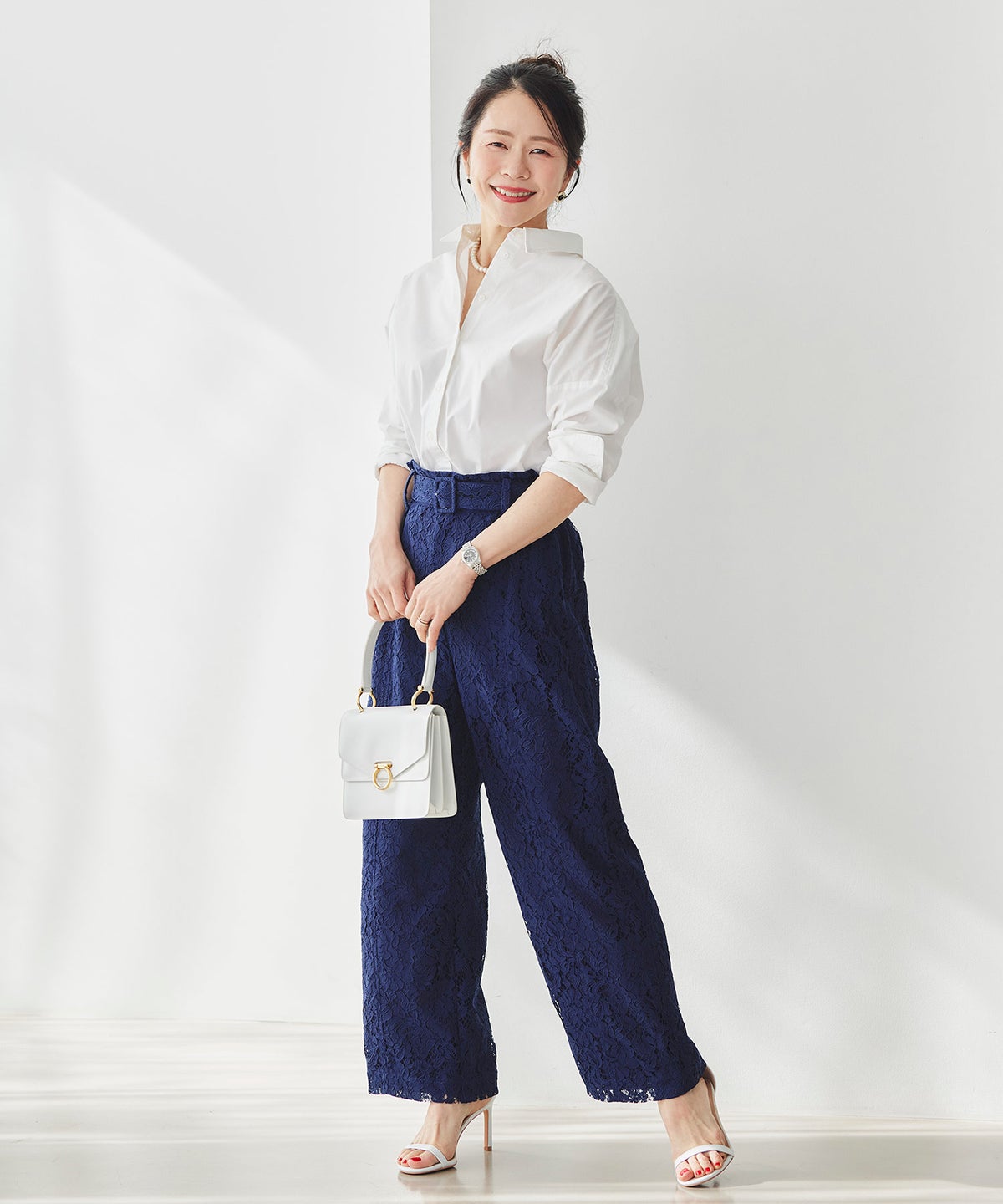 総レース ワイドパンツ オケージョン 結婚式 上品 フェミニン きれいめ 体型カバー 楽ちん 入学式 通勤 セットアップ ホワイト ピンク ネイビー ＆BLOOM（アンドブルーム）