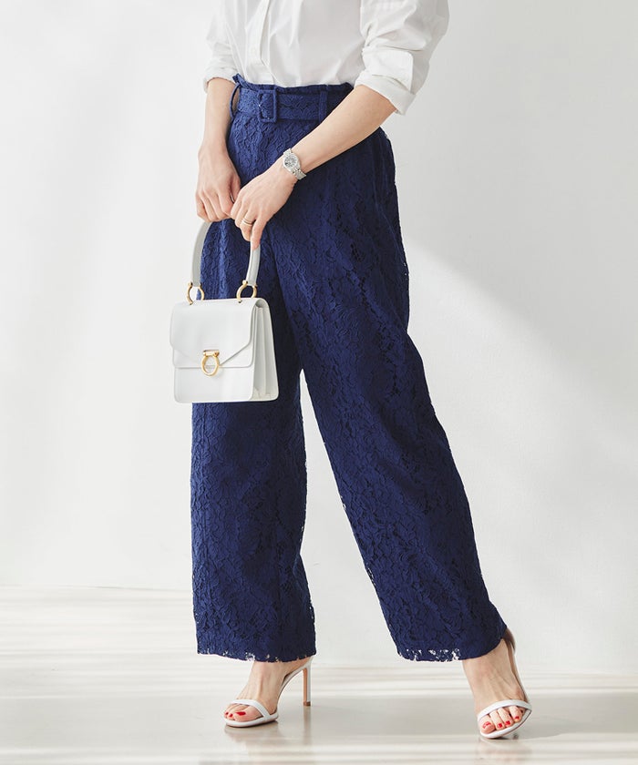 総レース ワイドパンツ オケージョン 結婚式 上品 フェミニン きれいめ 体型カバー 楽ちん 入学式 通勤 セットアップ ホワイト ピンク ネイビー ＆BLOOM（アンドブルーム）