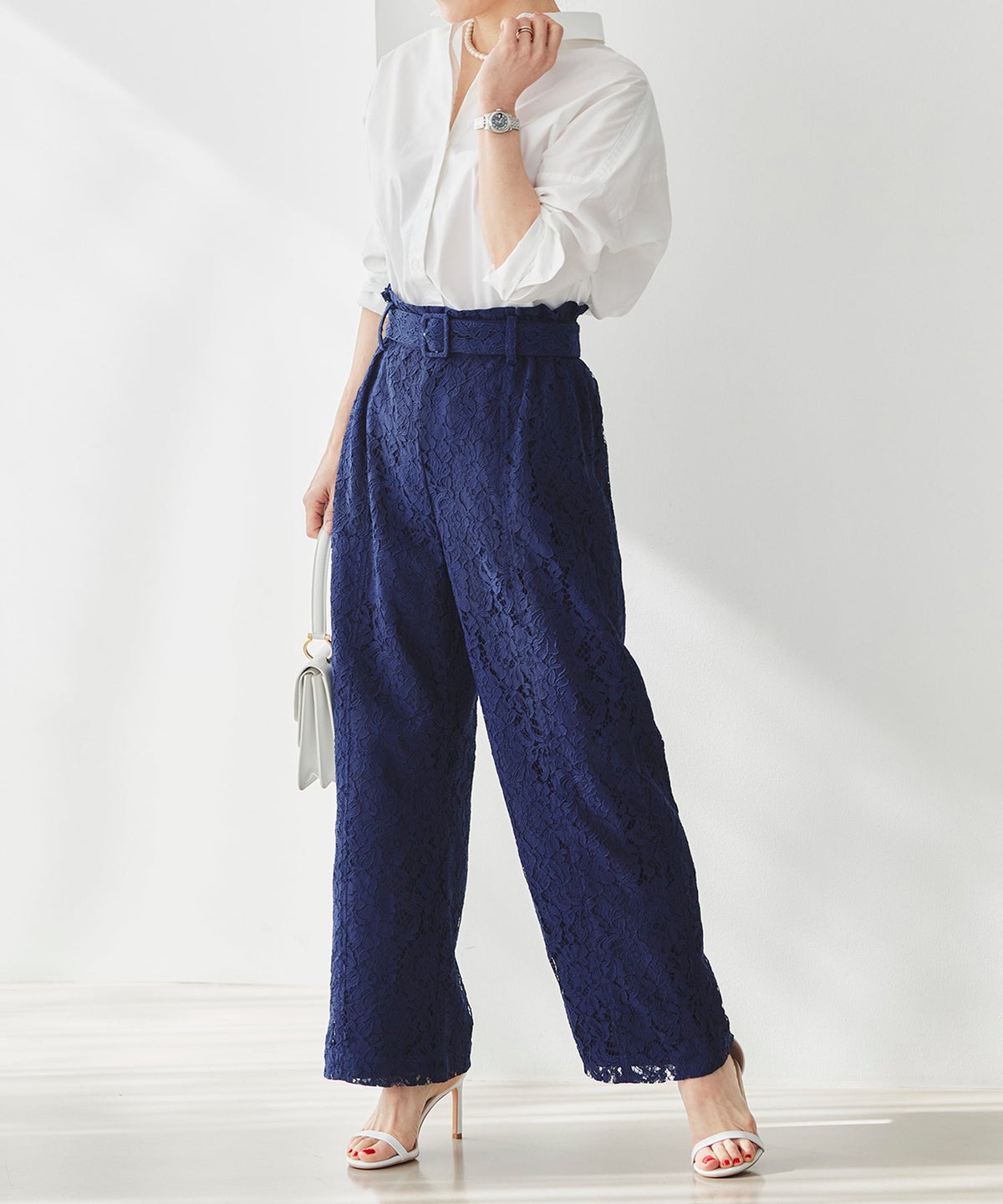 総レース ワイドパンツ オケージョン 結婚式 上品 フェミニン きれいめ 体型カバー 楽ちん 入学式 通勤 セットアップ ホワイト ピンク ネイビー ＆BLOOM（アンドブルーム）