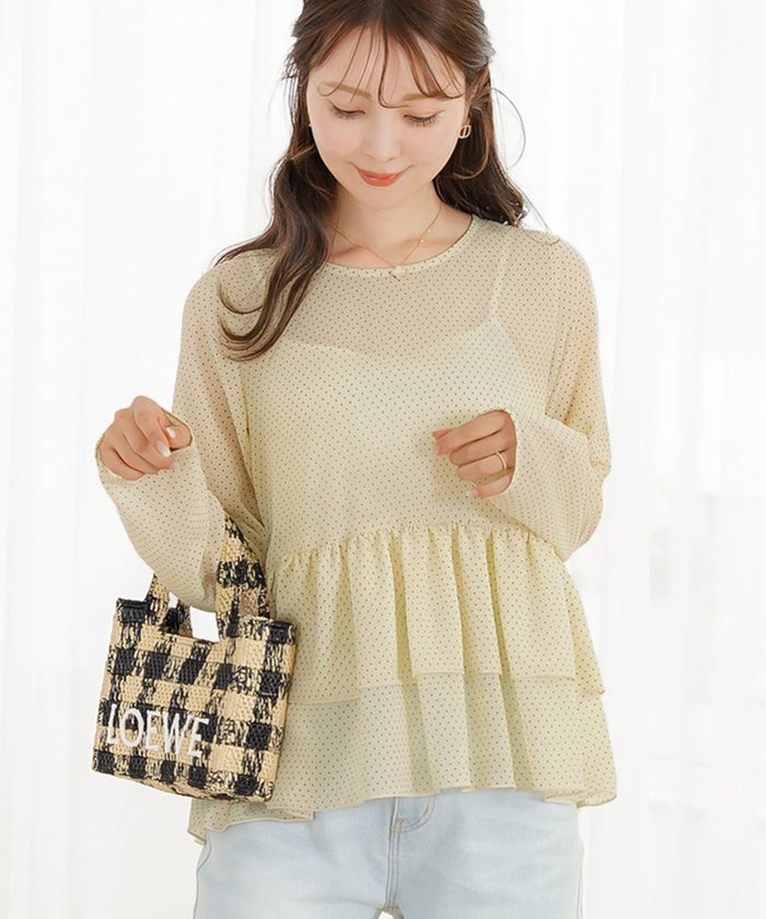 ブラウス トップス クルーネック ドット 柄 春 秋 夏 晩夏 ホワイト アイボリー ベージュ ブラック 長袖 シアー 透け感 抜け感 シースルー 涼しい 清涼感 軽い 軽量