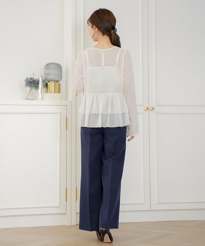 ブラウス トップス クルーネック ドット 柄 春 秋 夏 晩夏 ホワイト アイボリー ベージュ ブラック 長袖 シアー 透け感 抜け感 シースルー 涼しい 清涼感 軽い 軽量