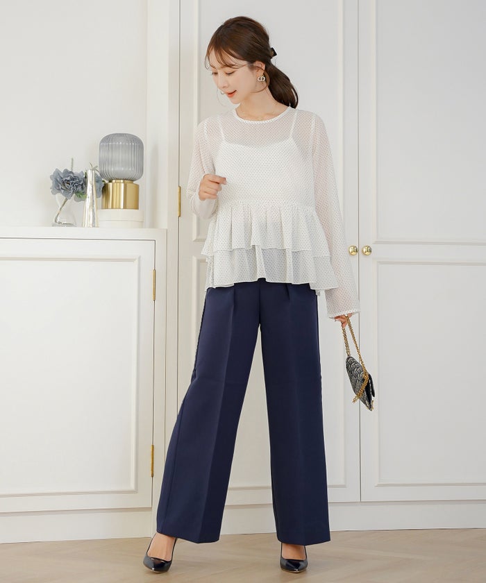 ブラウス トップス クルーネック ドット 柄 春 秋 夏 晩夏 ホワイト アイボリー ベージュ ブラック 長袖 シアー 透け感 抜け感 シースルー 涼しい 清涼感 軽い 軽量