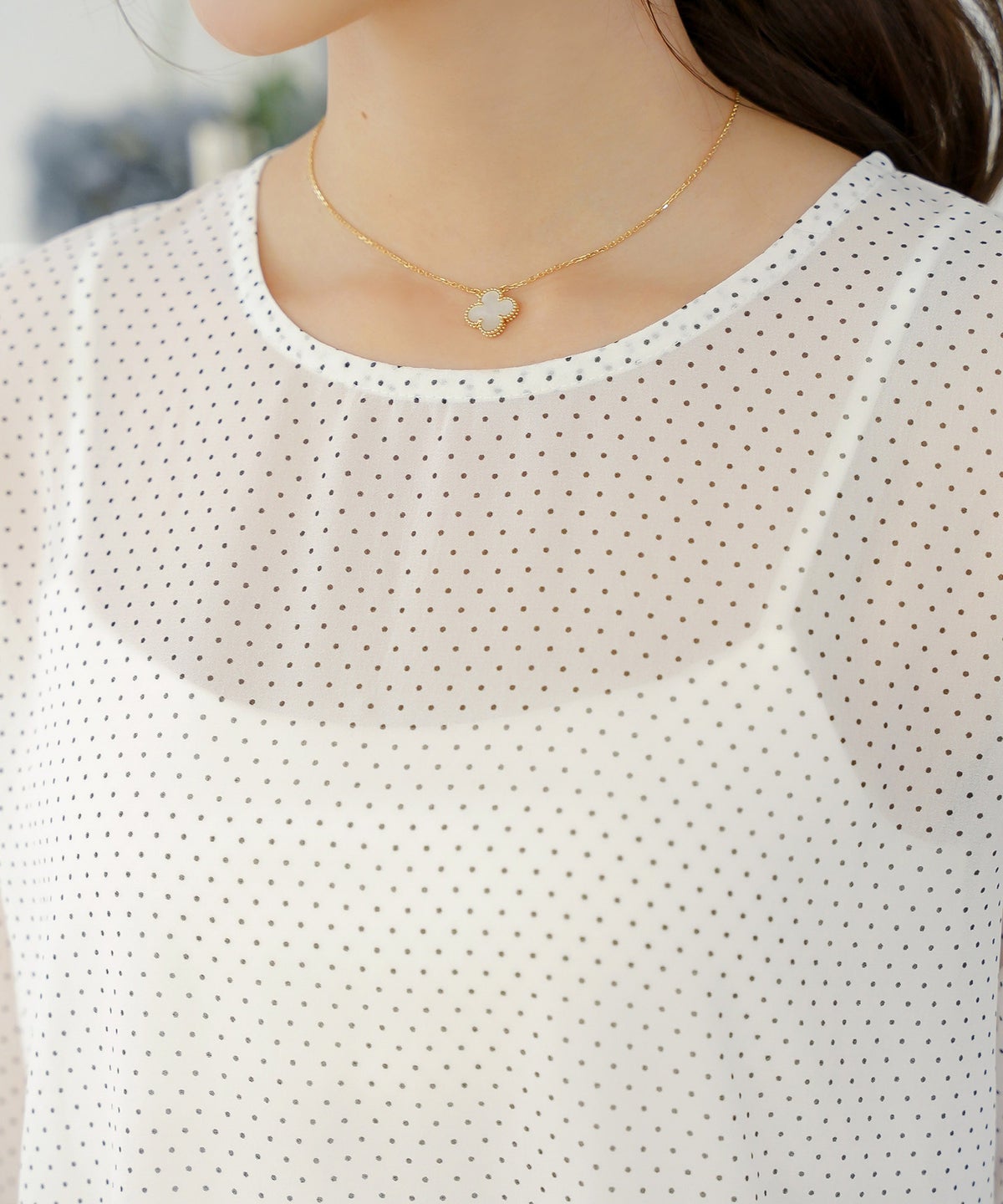 ブラウス トップス クルーネック ドット 柄 春 秋 夏 晩夏 ホワイト アイボリー ベージュ ブラック 長袖 シアー 透け感 抜け感 シースルー 涼しい 清涼感 軽い 軽量