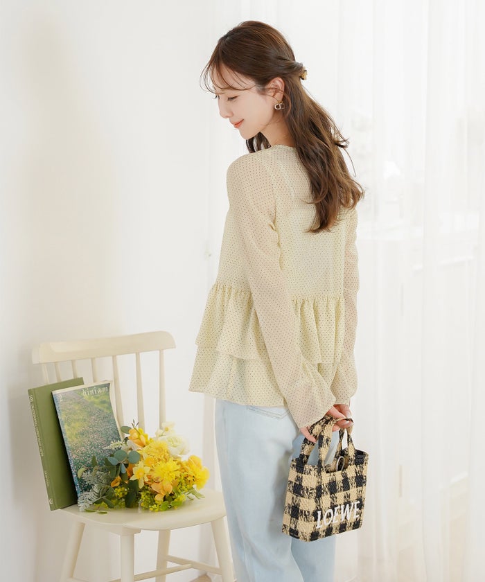 ブラウス トップス クルーネック ドット 柄 春 秋 夏 晩夏 ホワイト アイボリー ベージュ ブラック 長袖 シアー 透け感 抜け感 シースルー 涼しい 清涼感 軽い 軽量