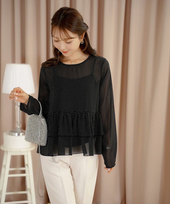 ブラウス トップス クルーネック ドット 柄 春 秋 夏 晩夏 ホワイト アイボリー ベージュ ブラック 長袖 シアー 透け感 抜け感 シースルー 涼しい 清涼感 軽い 軽量