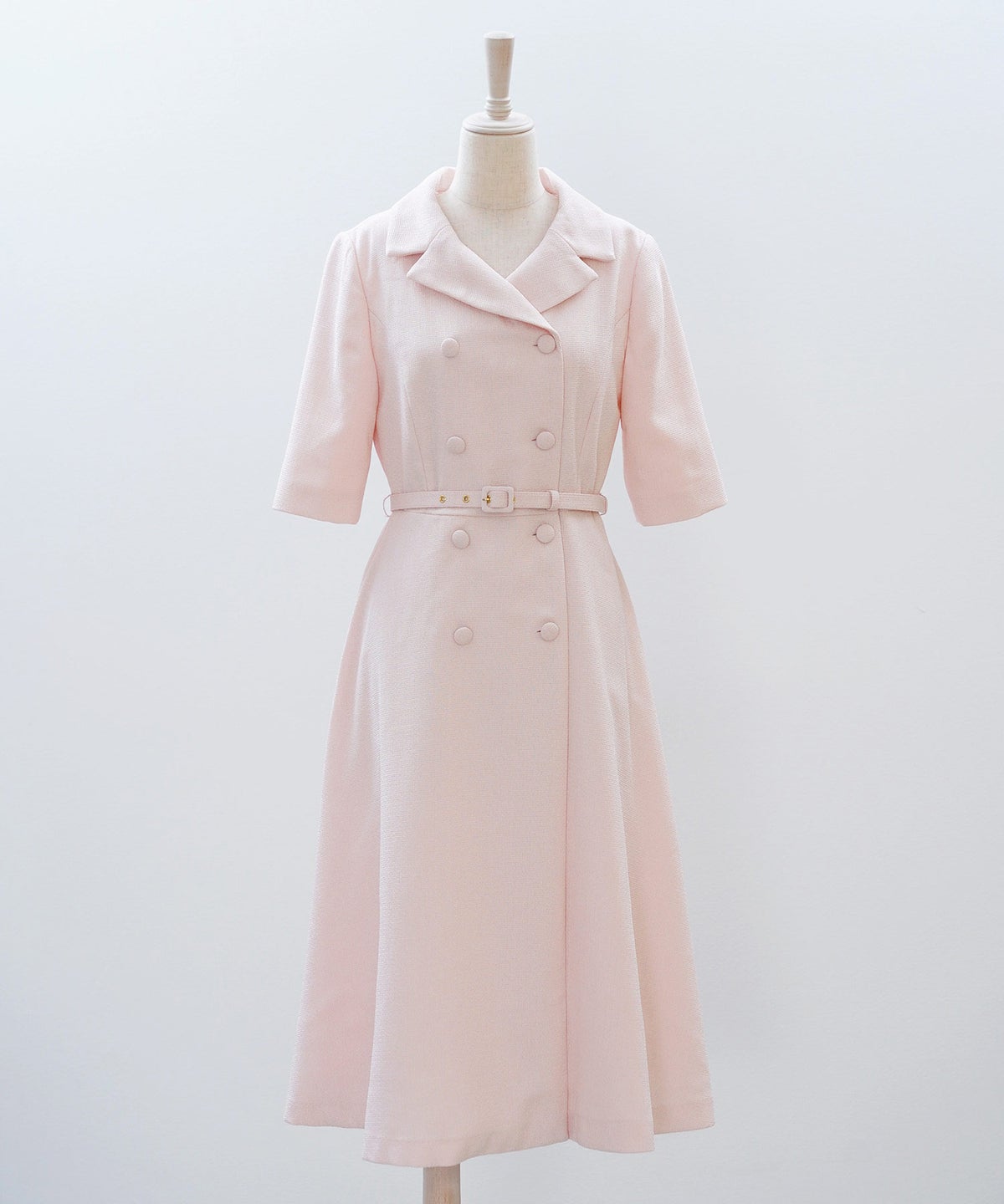 ツイードライク クラシカル ワンピース サマーツイード ダブルボタン 襟付き ベルト付き 裏地付き フレア 春 秋 入学式 食事会 ピンク ラベンダー