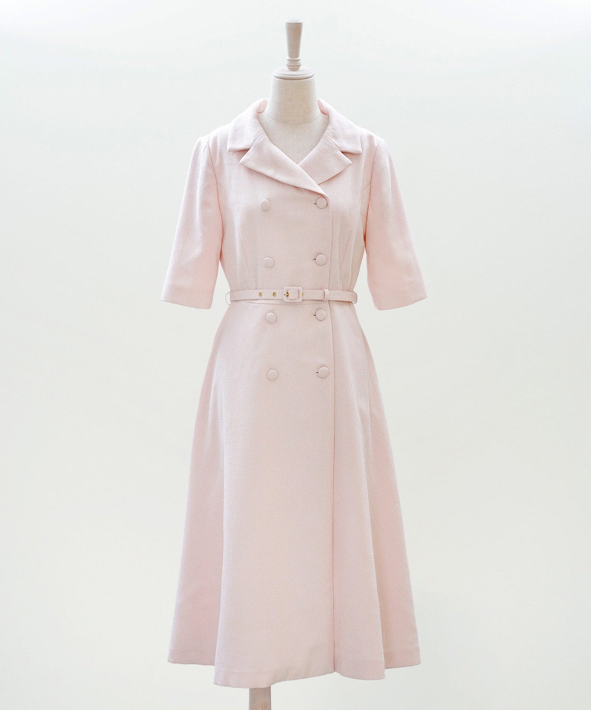 ツイードライク クラシカル ワンピース サマーツイード ダブルボタン 襟付き ベルト付き 裏地付き フレア 春 秋 入学式 食事会 ピンク ラベンダー