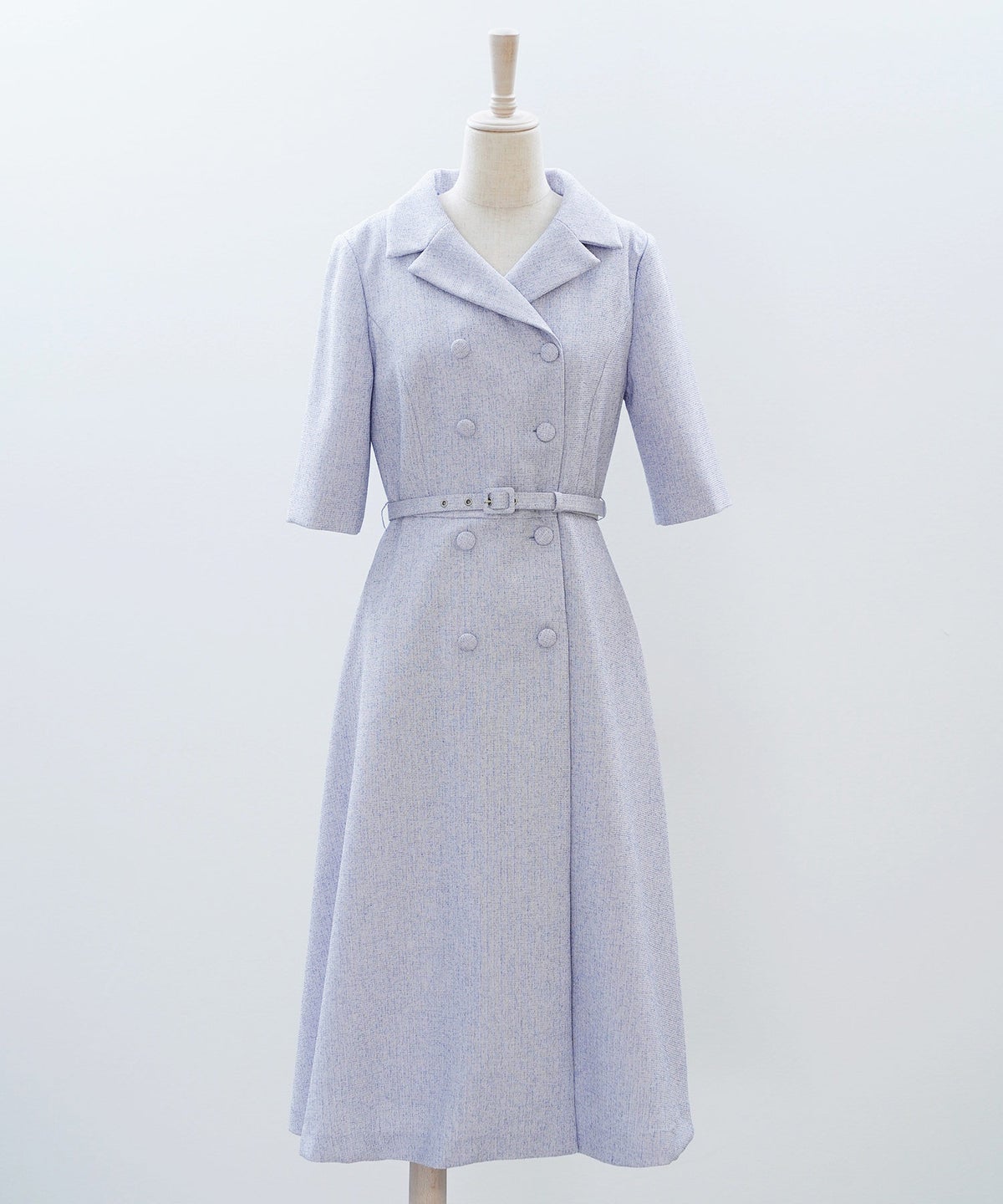 ツイードライク クラシカル ワンピース サマーツイード ダブルボタン 襟付き ベルト付き 裏地付き フレア 春 秋 入学式 食事会 ピンク ラベンダー