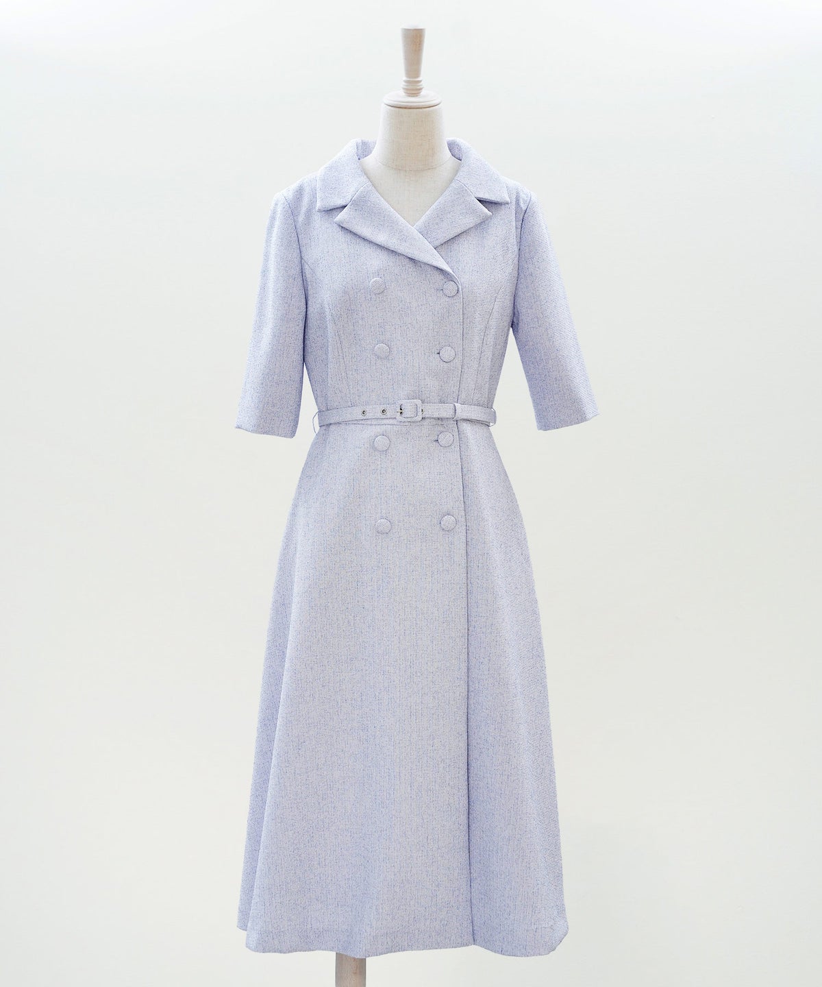 ツイードライク クラシカル ワンピース サマーツイード ダブルボタン 襟付き ベルト付き 裏地付き フレア 春 秋 入学式 食事会 ピンク ラベンダー