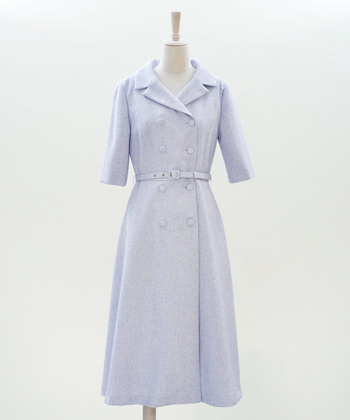 ツイードライク クラシカル ワンピース サマーツイード ダブルボタン 襟付き ベルト付き 裏地付き フレア 春 秋 入学式 食事会 ピンク ラベンダー