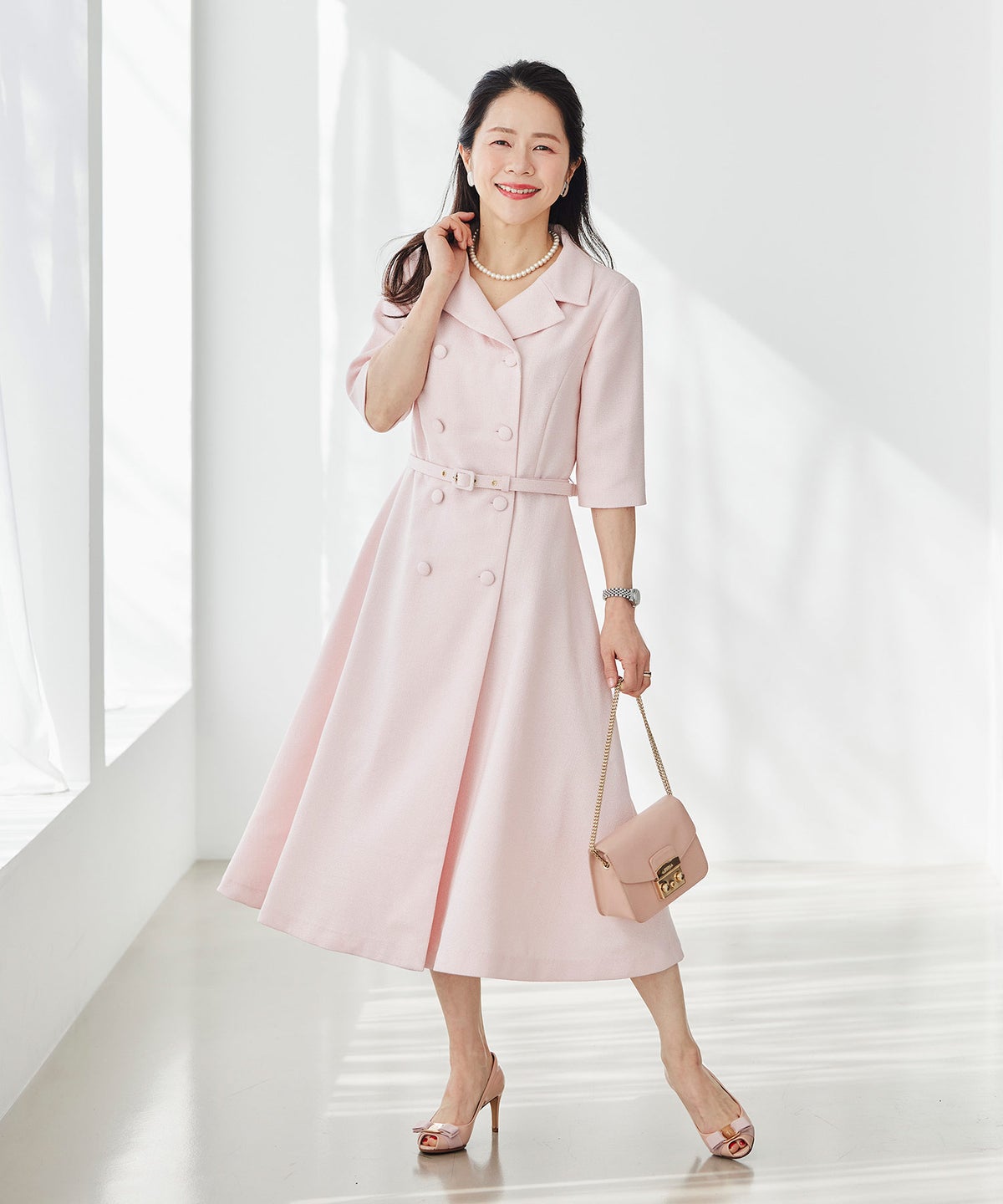 ツイードライク クラシカル ワンピース サマーツイード ダブルボタン 襟付き ベルト付き 裏地付き フレア 春 秋 入学式 食事会 ピンク ラベンダー