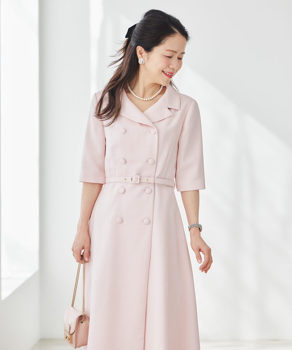 ツイードライク クラシカル ワンピース サマーツイード ダブルボタン 襟付き ベルト付き 裏地付き フレア 春 秋 入学式 食事会 ピンク ラベンダー