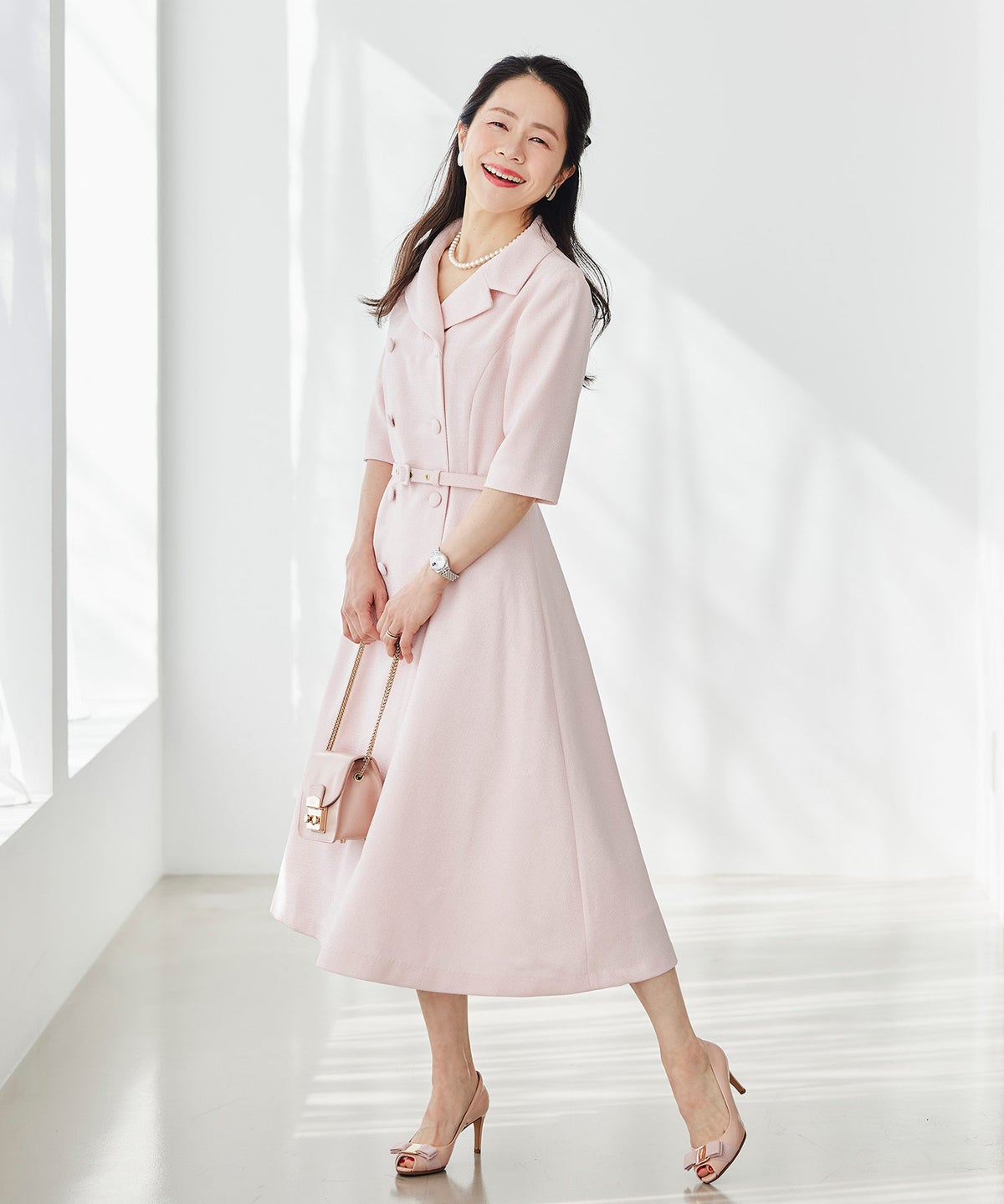 ツイードライク クラシカル ワンピース サマーツイード ダブルボタン 襟付き ベルト付き 裏地付き フレア 春 秋 入学式 食事会 ピンク ラベンダー