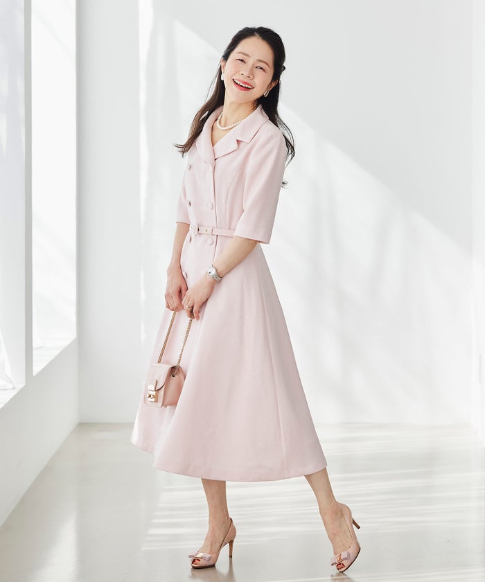 ツイードライク クラシカル ワンピース サマーツイード ダブルボタン 襟付き ベルト付き 裏地付き フレア 春 秋 入学式 食事会 ピンク ラベンダー