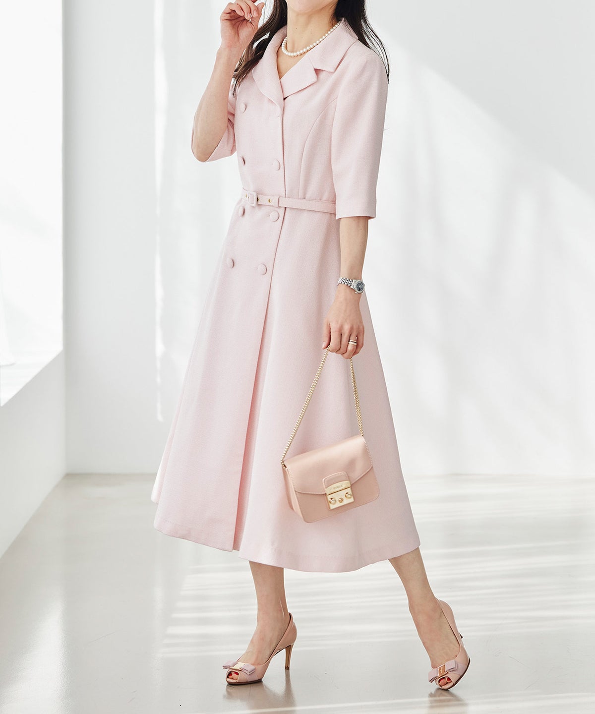 ツイードライク クラシカル ワンピース サマーツイード ダブルボタン 襟付き ベルト付き 裏地付き フレア 春 秋 入学式 食事会 ピンク ラベンダー