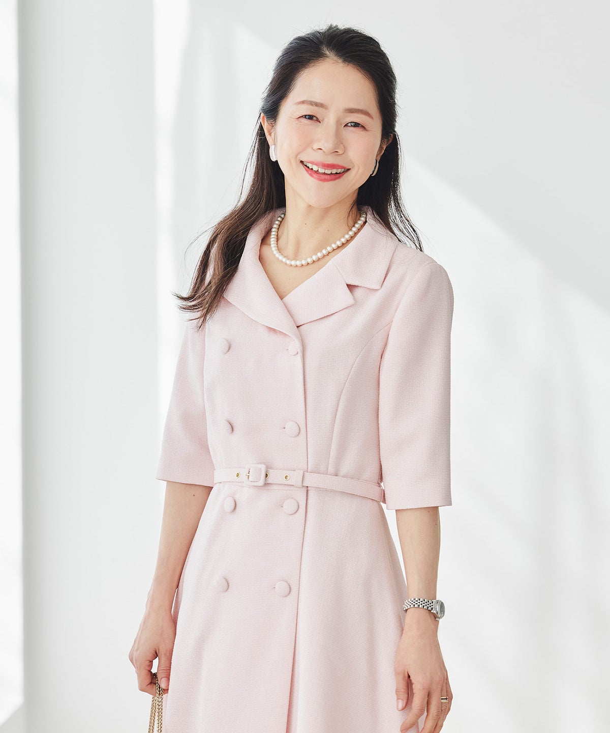 ツイードライク クラシカル ワンピース サマーツイード ダブルボタン 襟付き ベルト付き 裏地付き フレア 春 秋 入学式 食事会 ピンク ラベンダー