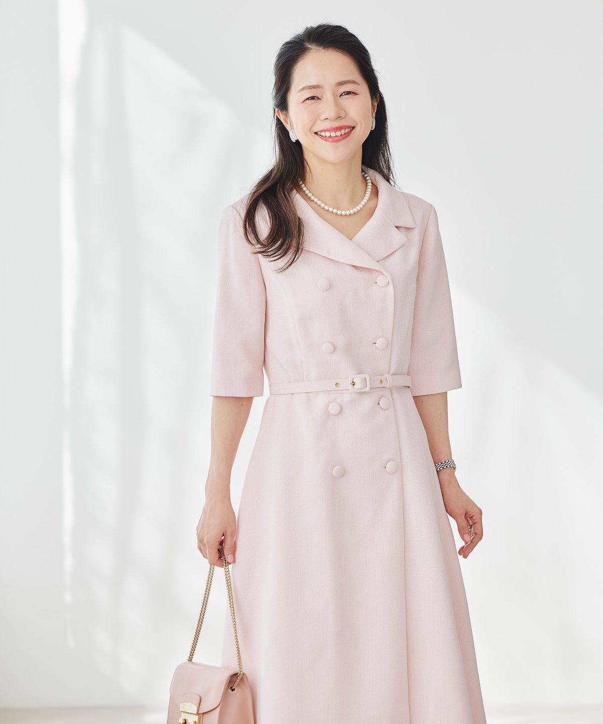 ツイードライク クラシカル ワンピース サマーツイード ダブルボタン 襟付き ベルト付き 裏地付き フレア 春 秋 入学式 食事会 ピンク ラベンダー