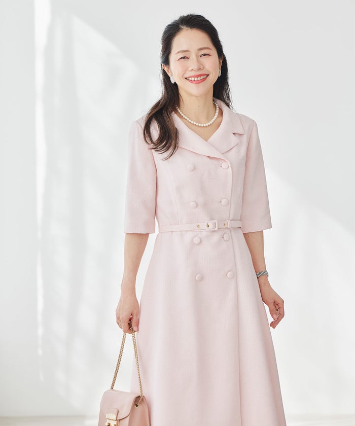 ツイードライク クラシカル ワンピース サマーツイード ダブルボタン 襟付き ベルト付き 裏地付き フレア 春 秋 入学式 食事会 ピンク ラベンダー