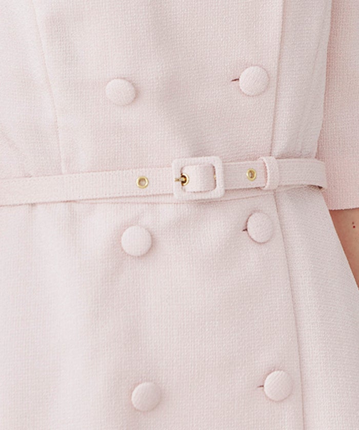 ツイードライク クラシカル ワンピース サマーツイード ダブルボタン 襟付き ベルト付き 裏地付き フレア 春 秋 入学式 食事会 ピンク ラベンダー ジョイントスペース