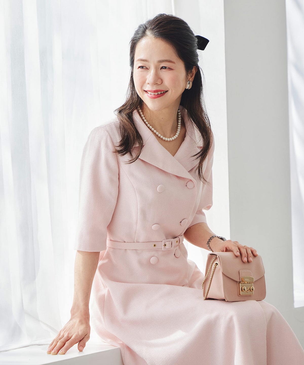 ツイードライク クラシカル ワンピース サマーツイード ダブルボタン 襟付き ベルト付き 裏地付き フレア 春 秋 入学式 食事会 ピンク ラベンダー