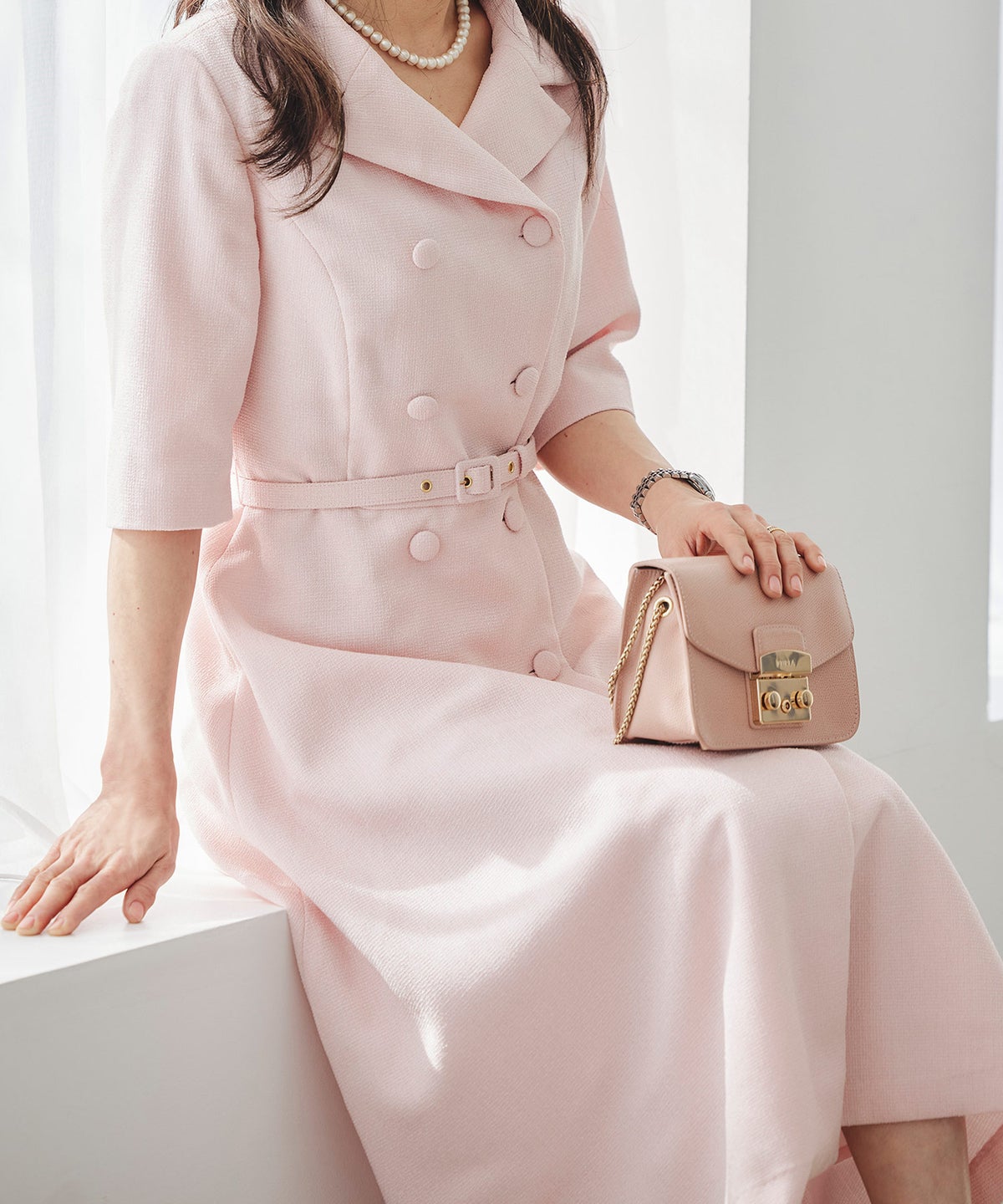 ツイードライク クラシカル ワンピース サマーツイード ダブルボタン 襟付き ベルト付き 裏地付き フレア 春 秋 入学式 食事会 ピンク ラベンダー