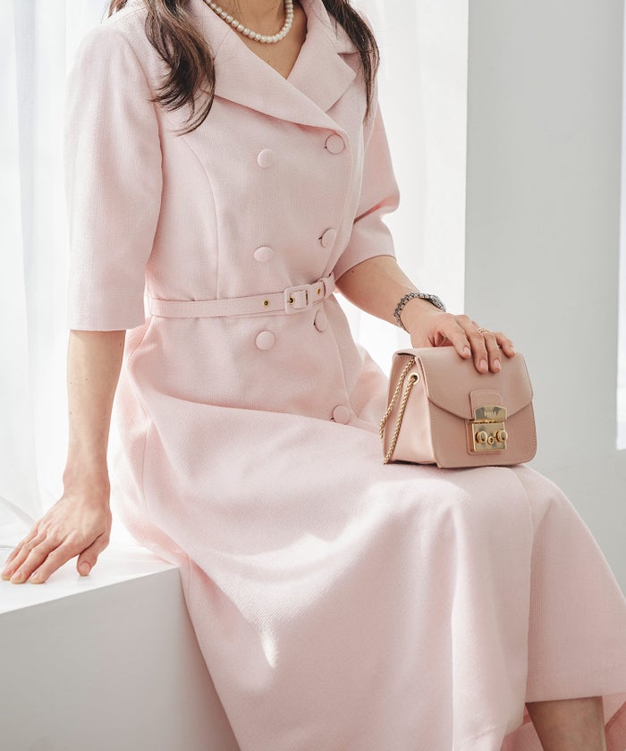 ツイードライク クラシカル ワンピース サマーツイード ダブルボタン 襟付き ベルト付き 裏地付き フレア 春 秋 入学式 食事会 ピンク ラベンダー