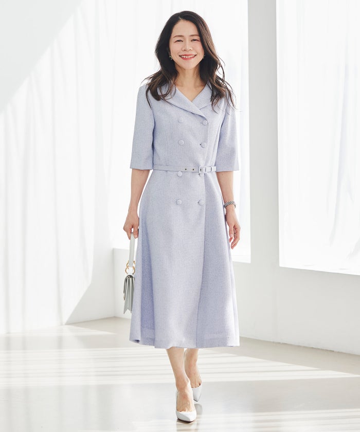 ツイードライク クラシカル ワンピース サマーツイード ダブルボタン 襟付き ベルト付き 裏地付き フレア 春 秋 入学式 食事会 ピンク ラベンダー