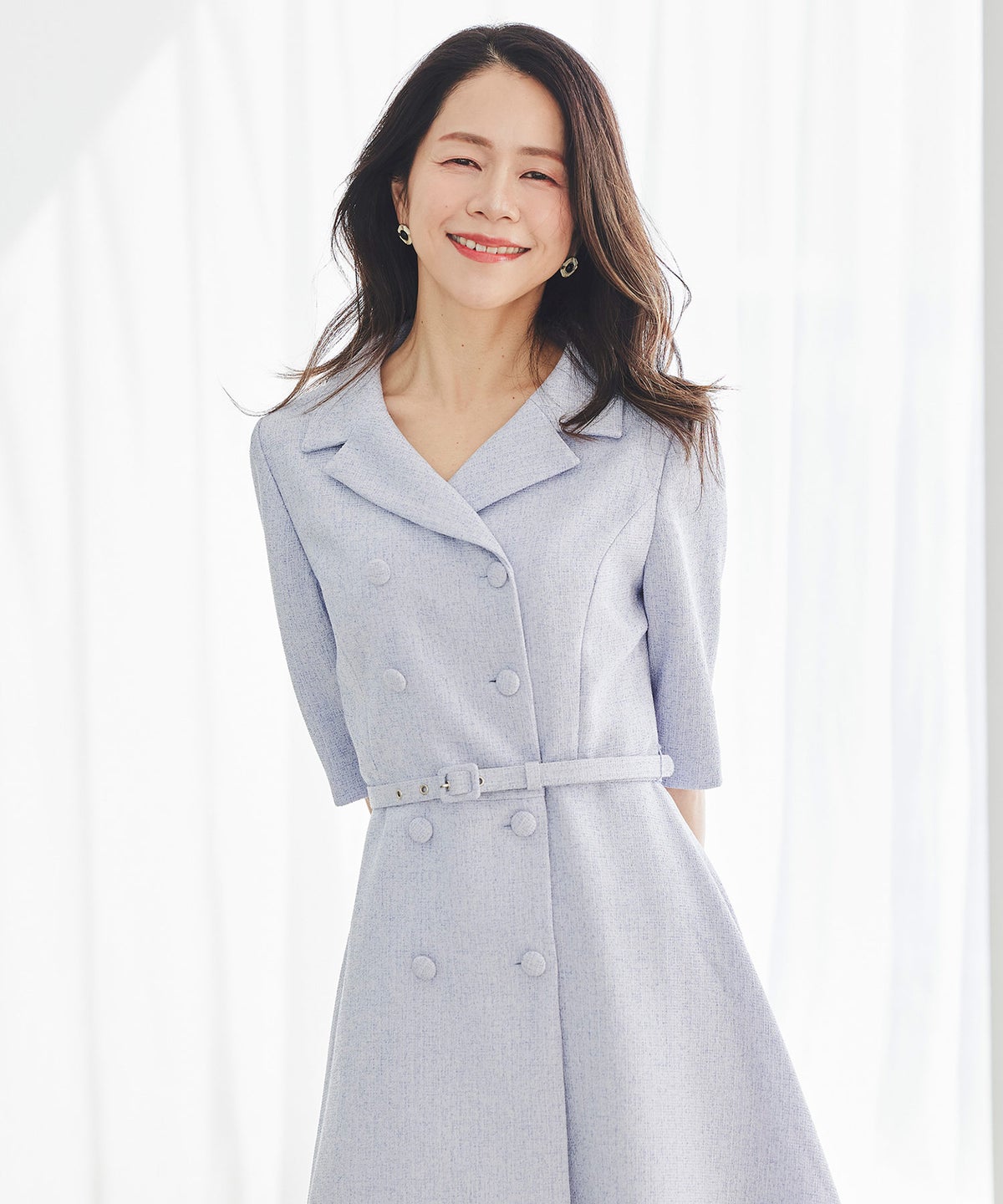 ツイードライク クラシカル ワンピース サマーツイード ダブルボタン 襟付き ベルト付き 裏地付き フレア 春 秋 入学式 食事会 ピンク ラベンダー