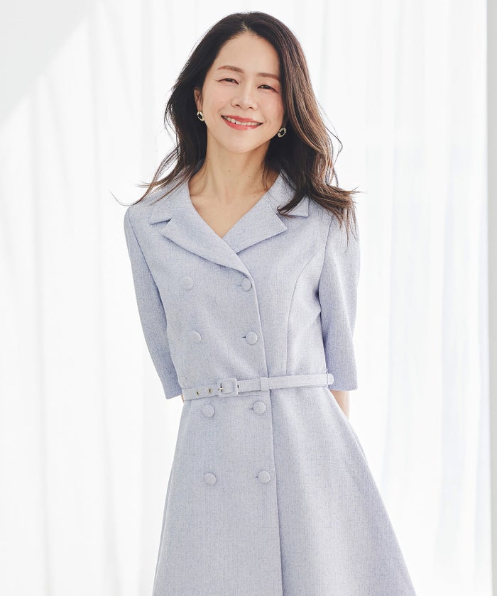 ツイードライク クラシカル ワンピース サマーツイード ダブルボタン 襟付き ベルト付き 裏地付き フレア 春 秋 入学式 食事会 ピンク ラベンダー