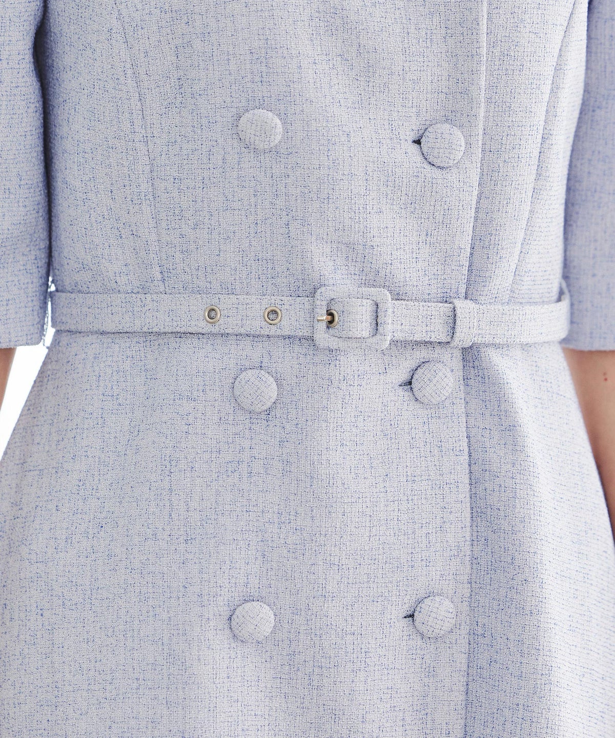 ツイードライク クラシカル ワンピース サマーツイード ダブルボタン 襟付き ベルト付き 裏地付き フレア 春 秋 入学式 食事会 ピンク ラベンダー