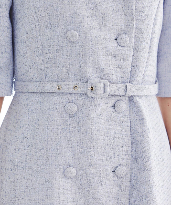 ツイードライク クラシカル ワンピース サマーツイード ダブルボタン 襟付き ベルト付き 裏地付き フレア 春 秋 入学式 食事会 ピンク ラベンダー