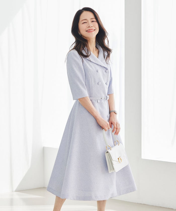 ツイードライク クラシカル ワンピース サマーツイード ダブルボタン 襟付き ベルト付き 裏地付き フレア 春 秋 入学式 食事会 ピンク ラベンダー