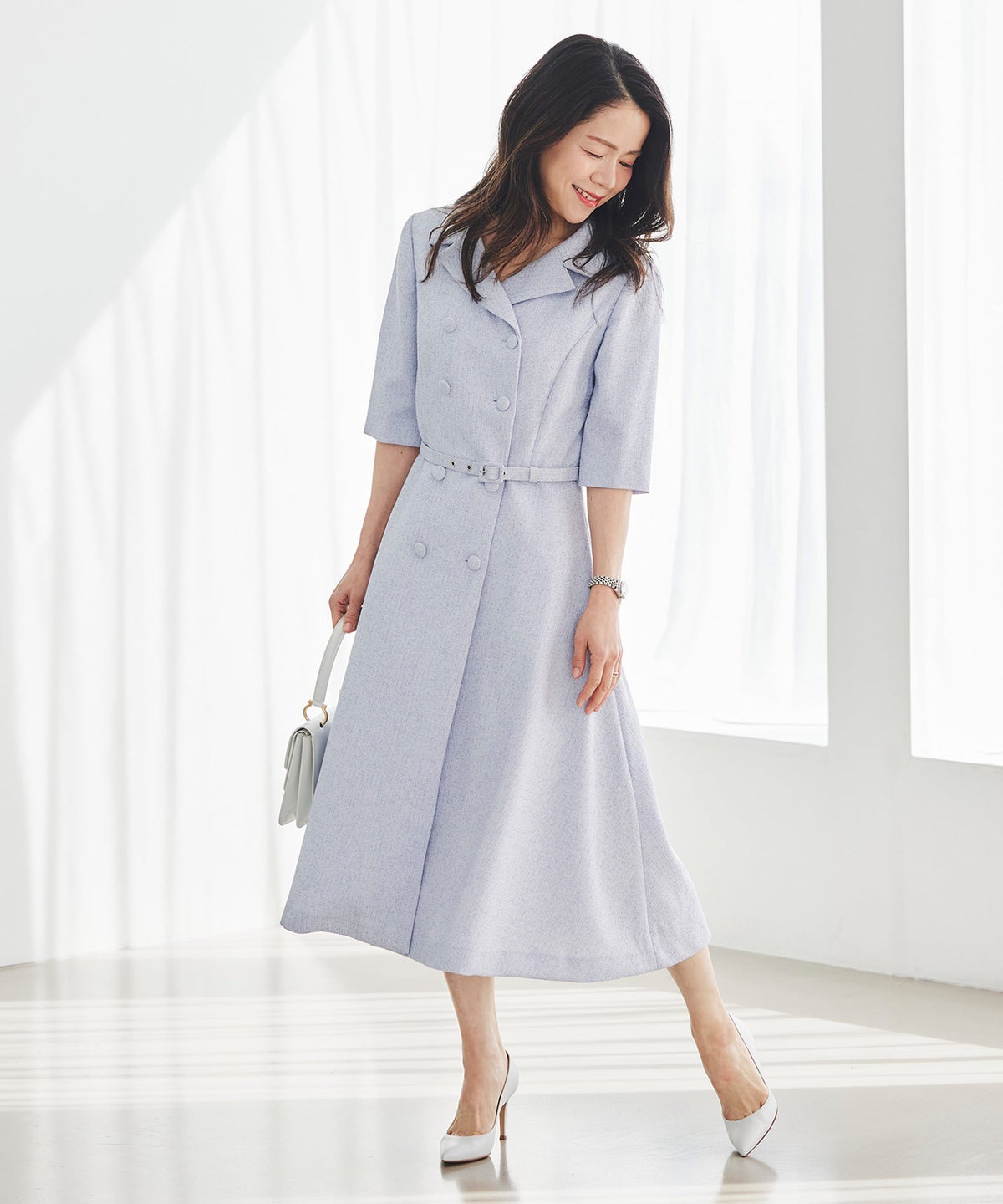 ツイードライク クラシカル ワンピース サマーツイード ダブルボタン 襟付き ベルト付き 裏地付き フレア 春 秋 入学式 食事会 ピンク ラベンダー