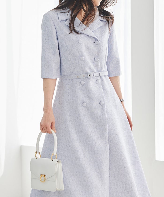 ツイードライク クラシカル ワンピース サマーツイード ダブルボタン 襟付き ベルト付き 裏地付き フレア 春 秋 入学式 食事会 ピンク ラベンダー