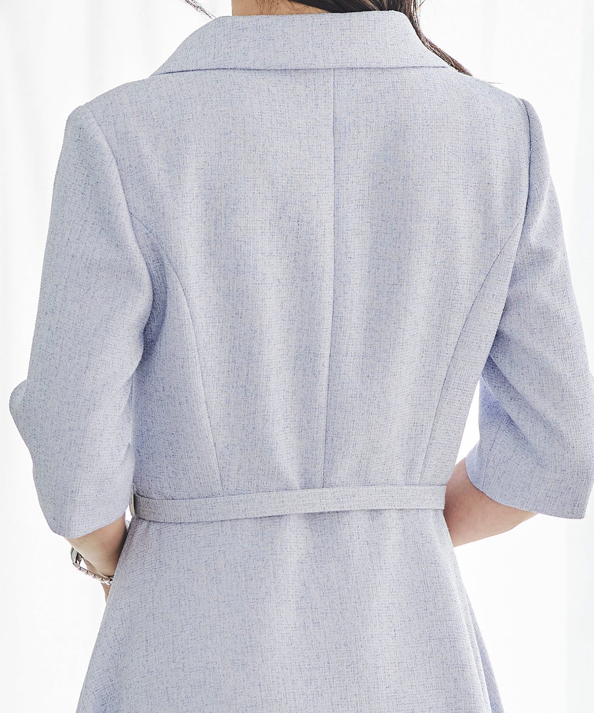 ツイードライク クラシカル ワンピース サマーツイード ダブルボタン 襟付き ベルト付き 裏地付き フレア 春 秋 入学式 食事会 ピンク ラベンダー