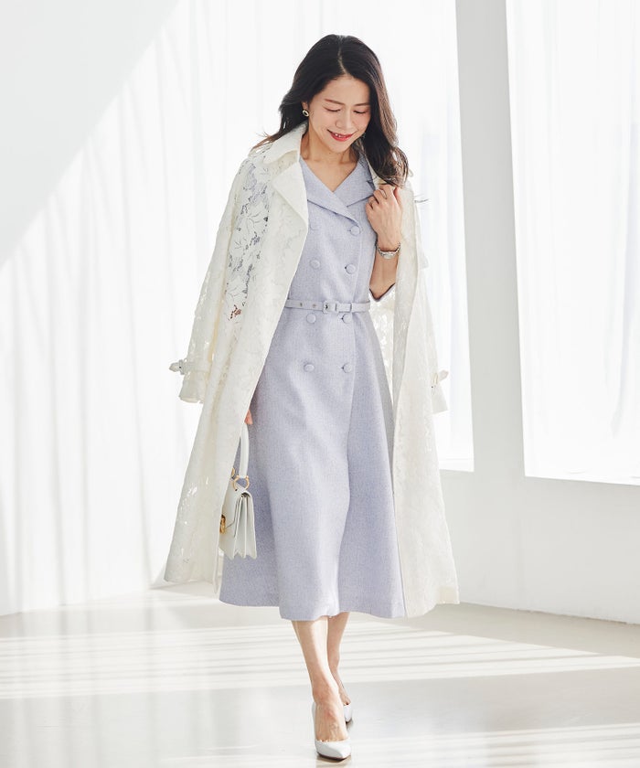 ツイードライク クラシカル ワンピース サマーツイード ダブルボタン 襟付き ベルト付き 裏地付き フレア 春 秋 入学式 食事会 ピンク ラベンダー