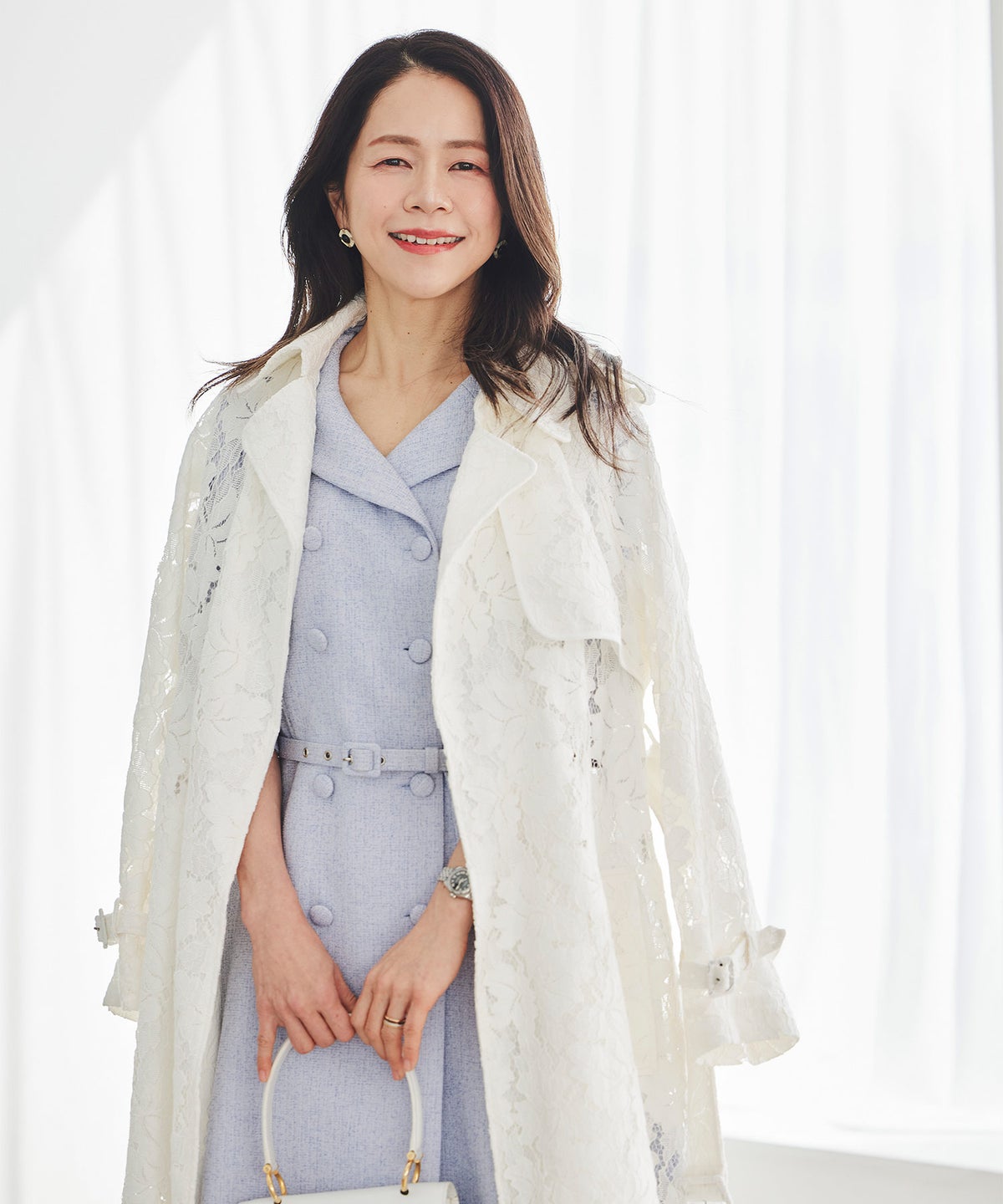 ツイードライク クラシカル ワンピース サマーツイード ダブルボタン 襟付き ベルト付き 裏地付き フレア 春 秋 入学式 食事会 ピンク ラベンダー