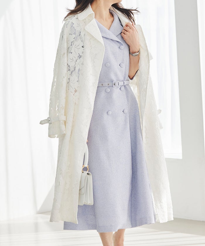 ツイードライク クラシカル ワンピース サマーツイード ダブルボタン 襟付き ベルト付き 裏地付き フレア 春 秋 入学式 食事会 ピンク ラベンダー