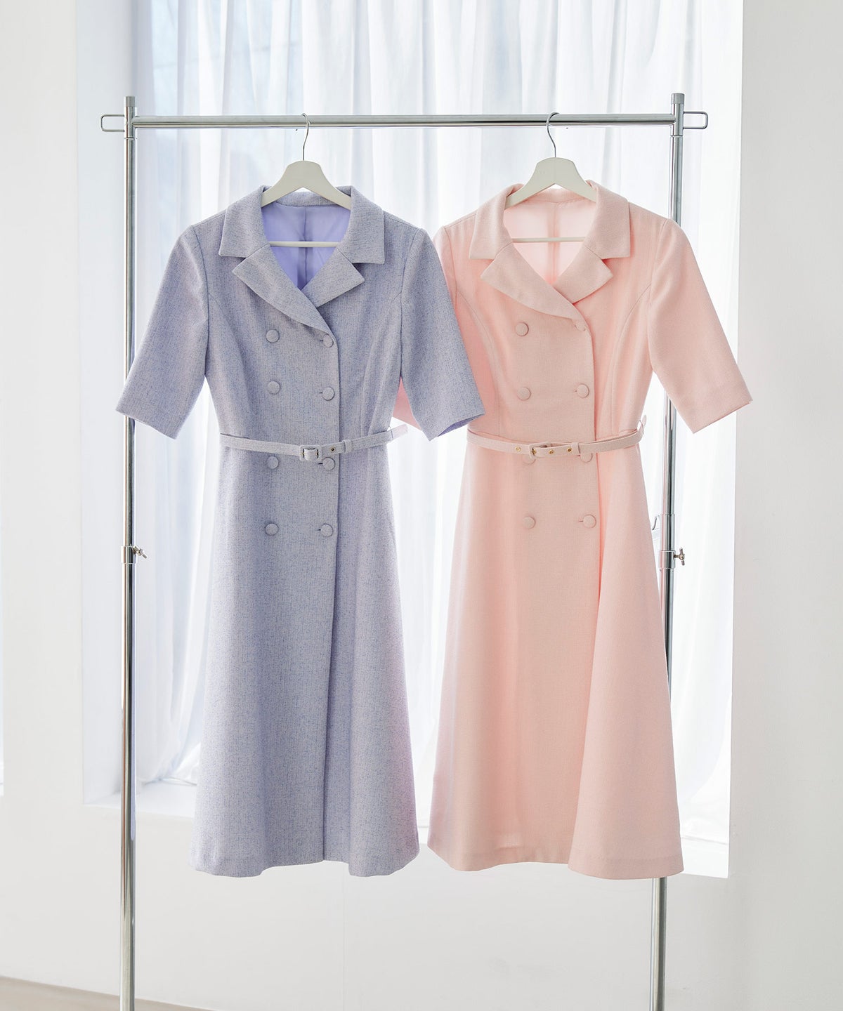 ツイードライク クラシカル ワンピース サマーツイード ダブルボタン 襟付き ベルト付き 裏地付き フレア 春 秋 入学式 食事会 ピンク ラベンダー