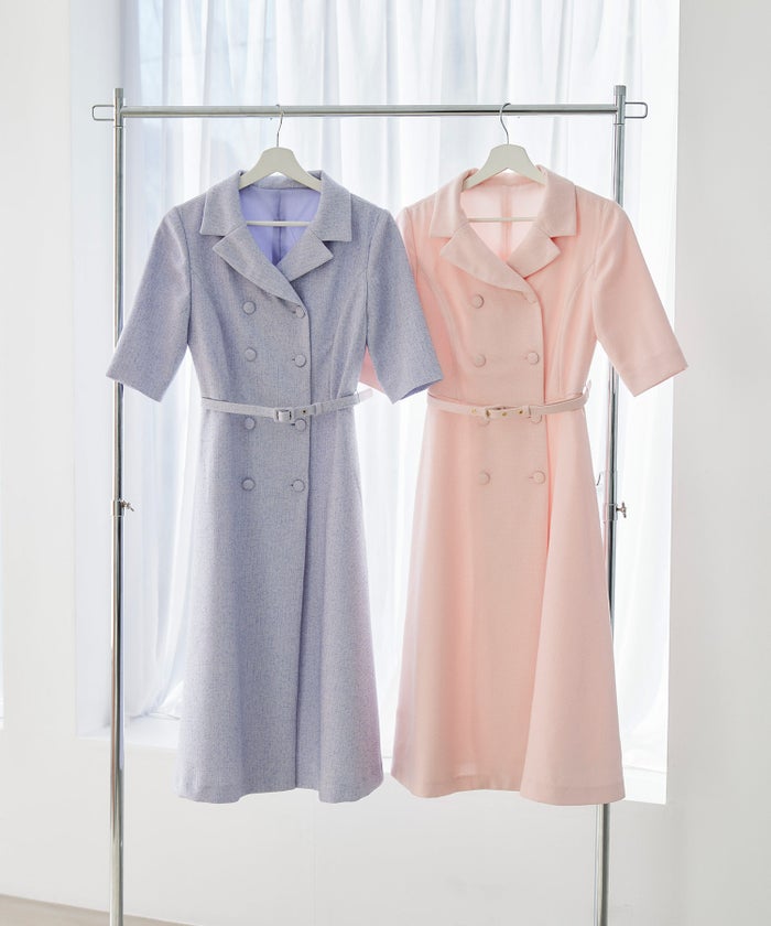 ツイードライク クラシカル ワンピース サマーツイード ダブルボタン 襟付き ベルト付き 裏地付き フレア 春 秋 入学式 食事会 ピンク ラベンダー