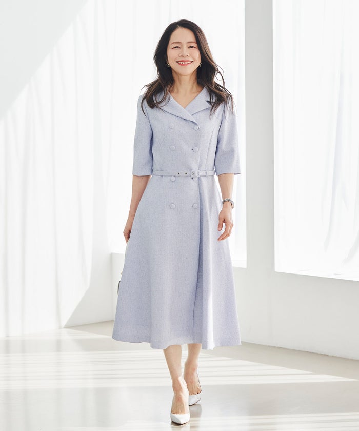 ツイードライク クラシカル ワンピース サマーツイード ダブルボタン 襟付き ベルト付き 裏地付き フレア 春 秋 入学式 食事会 ピンク ラベンダー