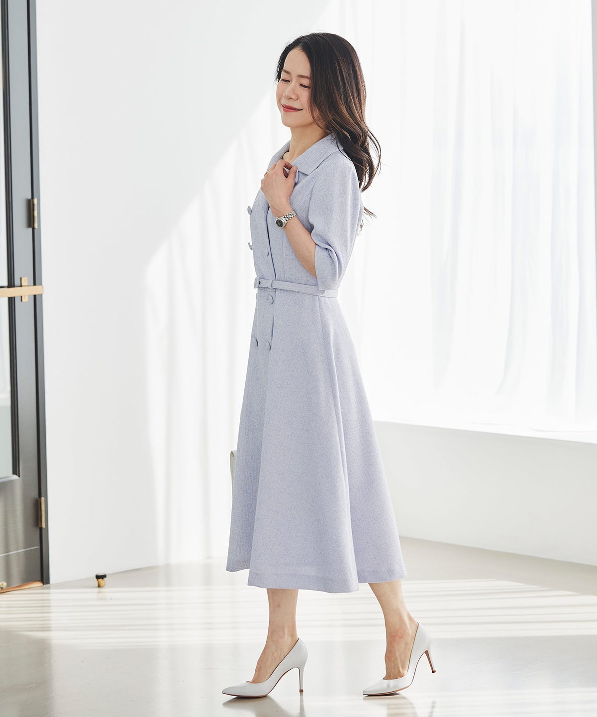 ツイードライク クラシカル ワンピース サマーツイード ダブルボタン 襟付き ベルト付き 裏地付き フレア 春 秋 入学式 食事会 ピンク ラベンダー