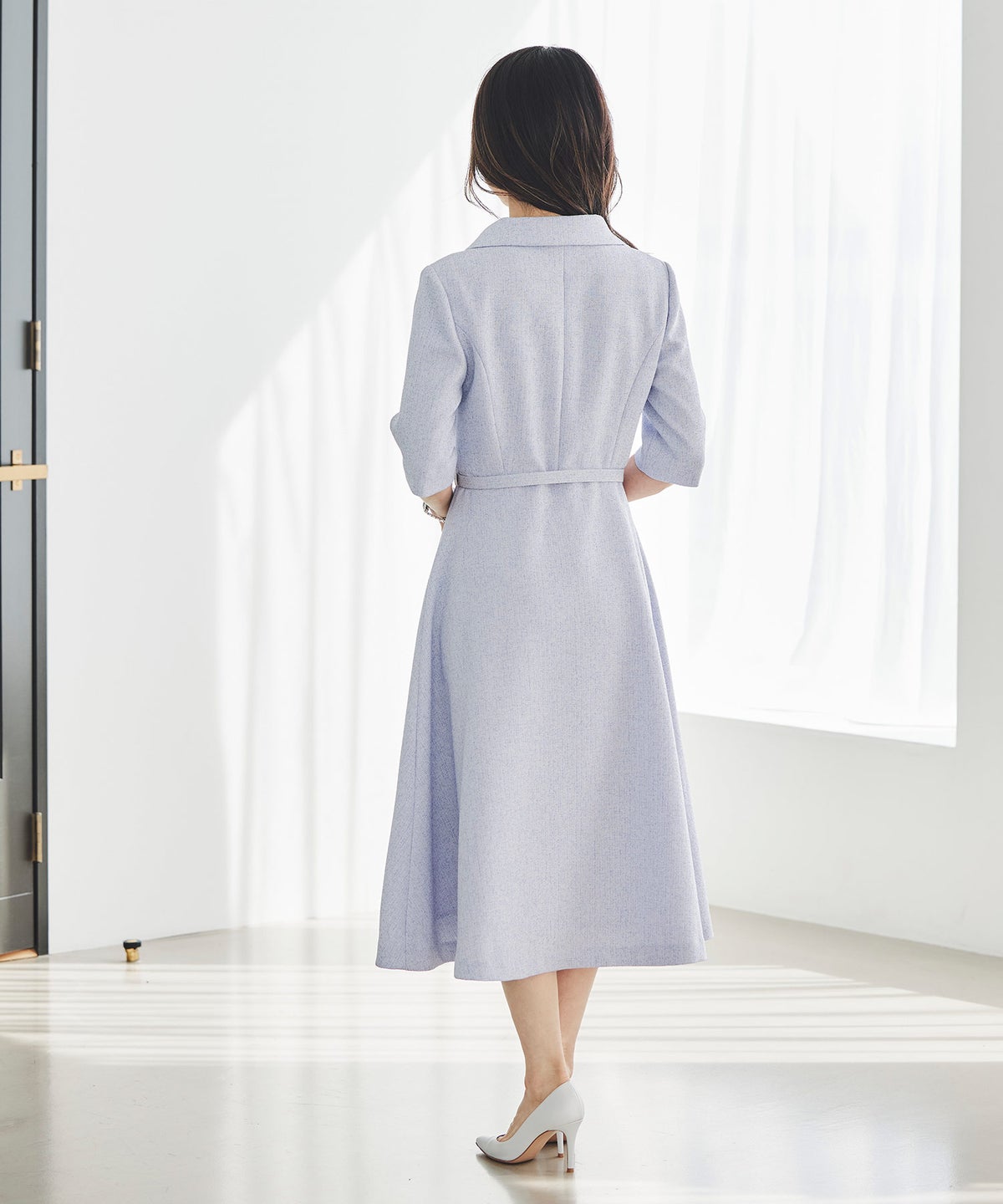 ツイードライク クラシカル ワンピース サマーツイード ダブルボタン 襟付き ベルト付き 裏地付き フレア 春 秋 入学式 食事会 ピンク ラベンダー